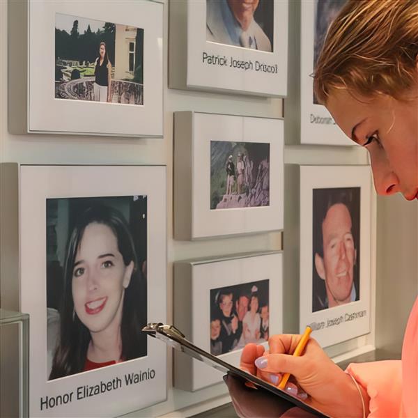 A student writing on a piece of paper in front of photos of people