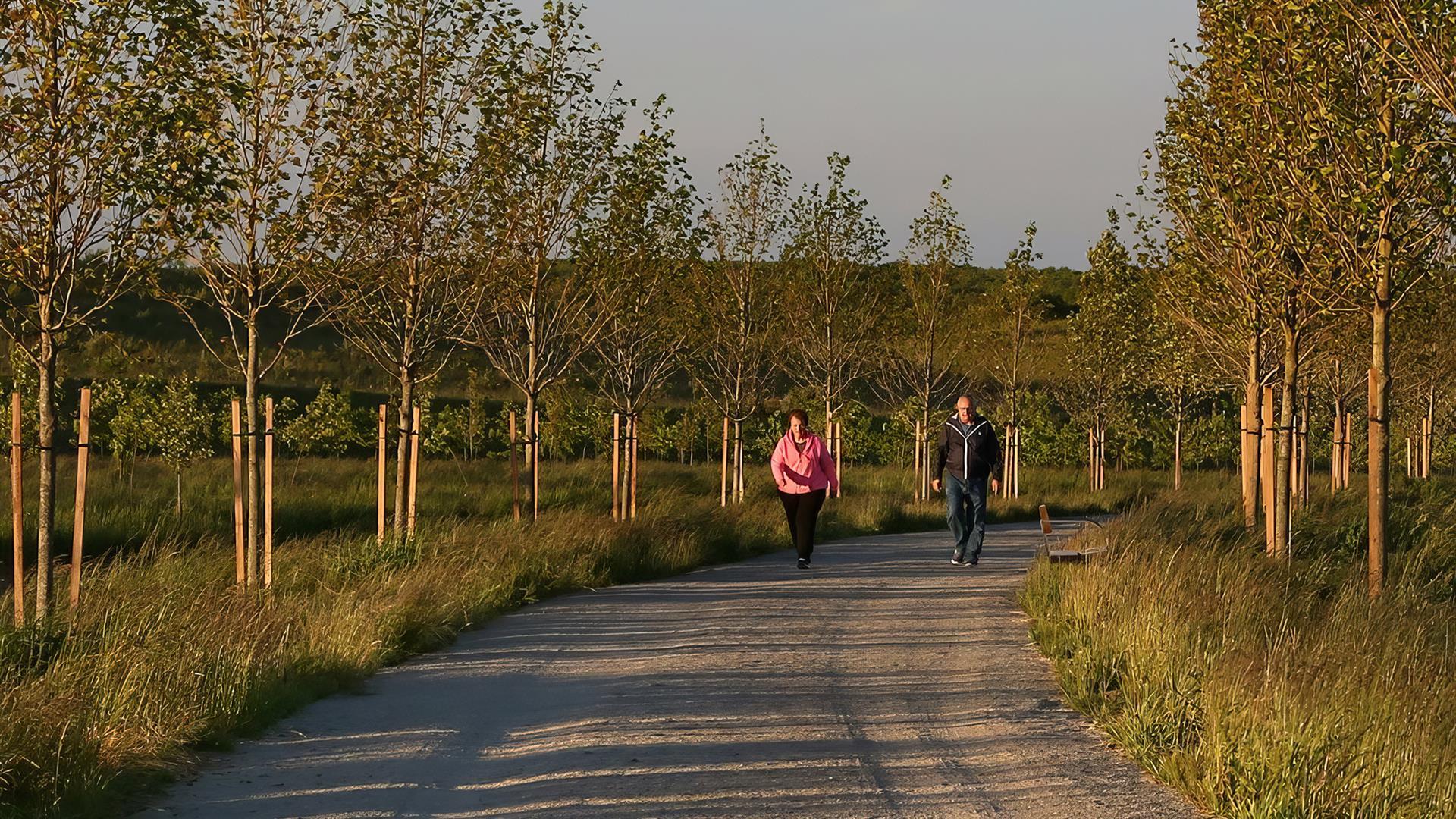 two people walking down a dirt path