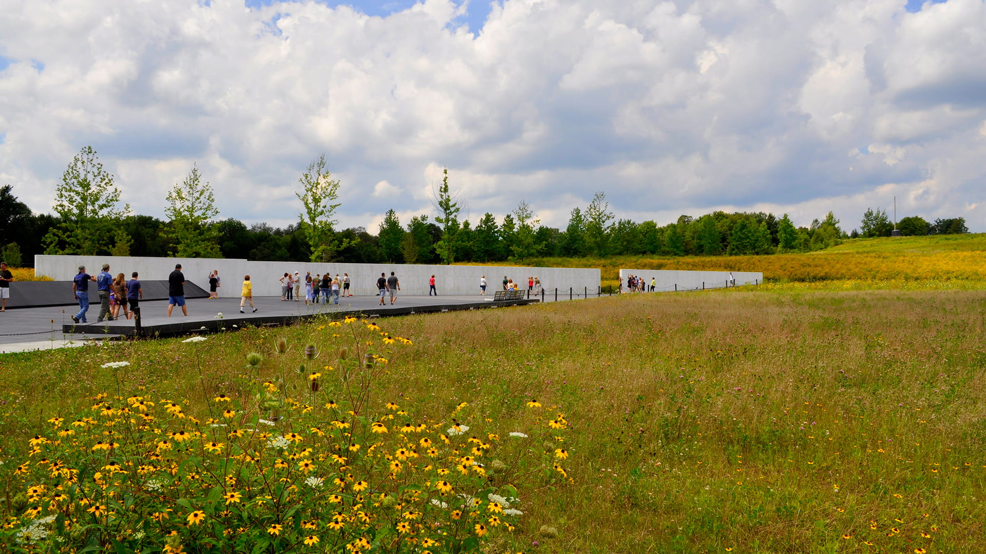 a field of flowers and a walkway with people walking on it